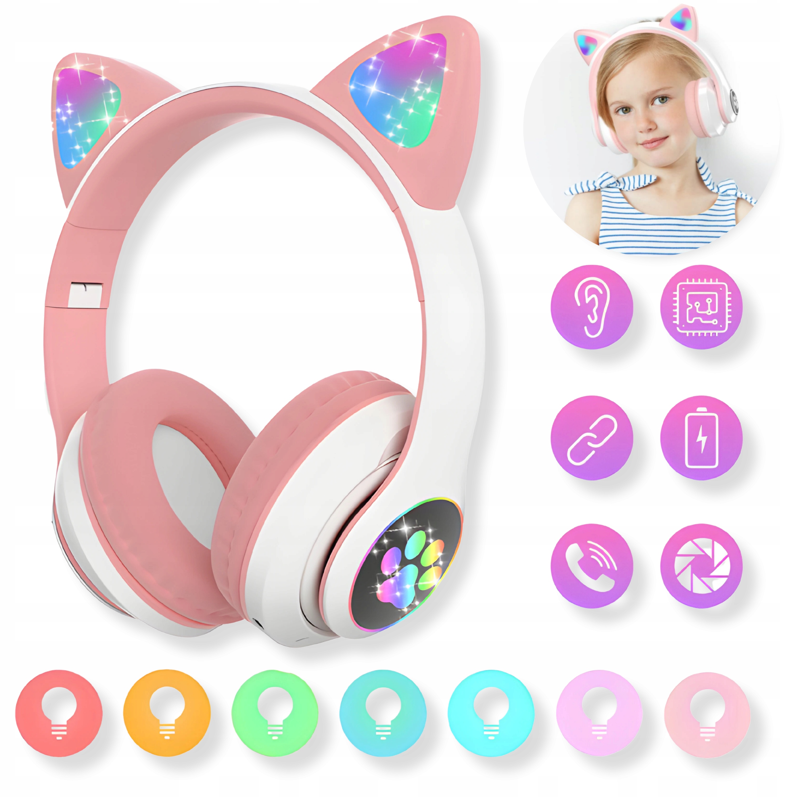 SŁUCHAWKI KOCIE USZY DLA DZIECI BEZPRZEWODOWE BLUETOOTH LED RGB USZY KOTA Transmisja sygnału Bluetooth