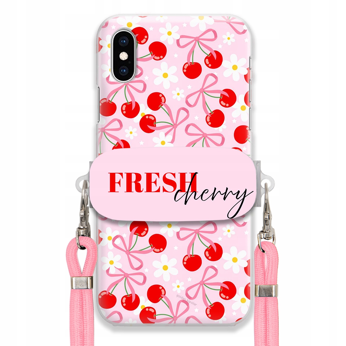 Puzdro na iPHONE Xs Case Držiak šnúrok Ružový Fresh Cherry Čerešňové mašle