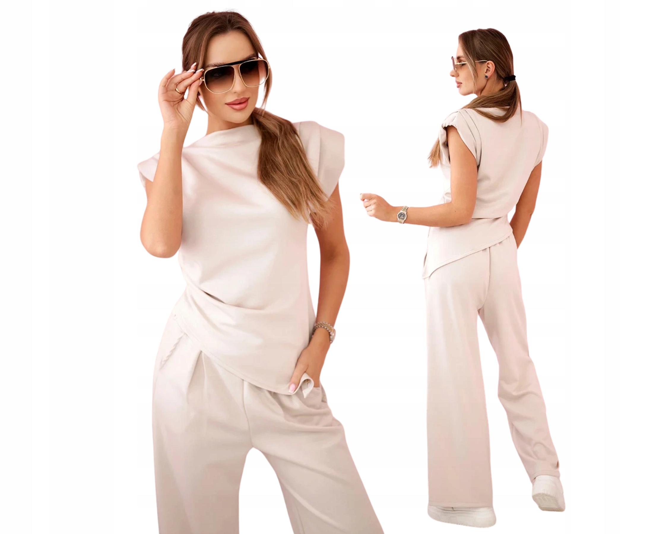 Béžový elegantní dámský komplet: asymetrická halenka kalhoty