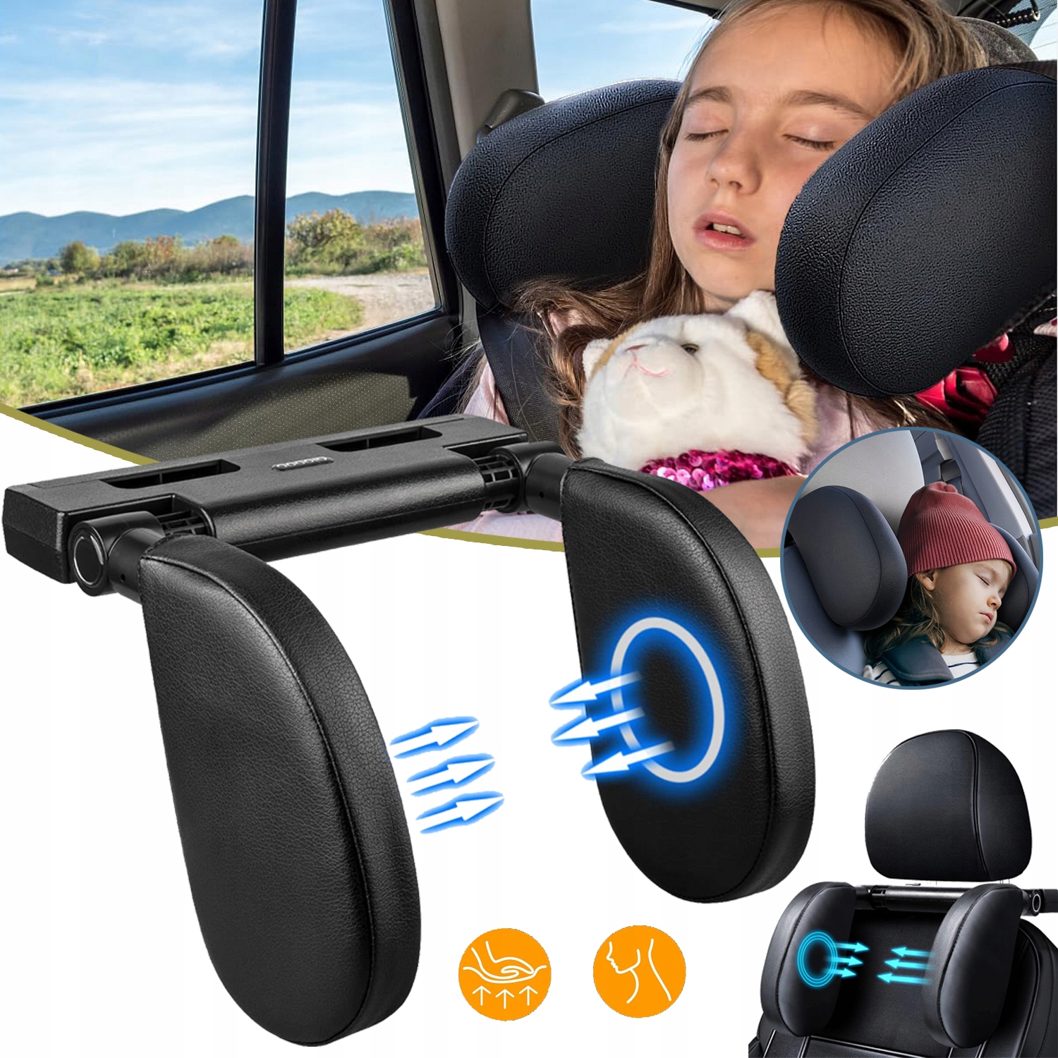 ZAGŁÓWEK SAMOCHODOWY DLA DZIECI, Z REGULACJĄ 180 STOPNI, KOMFORT DLA SNU