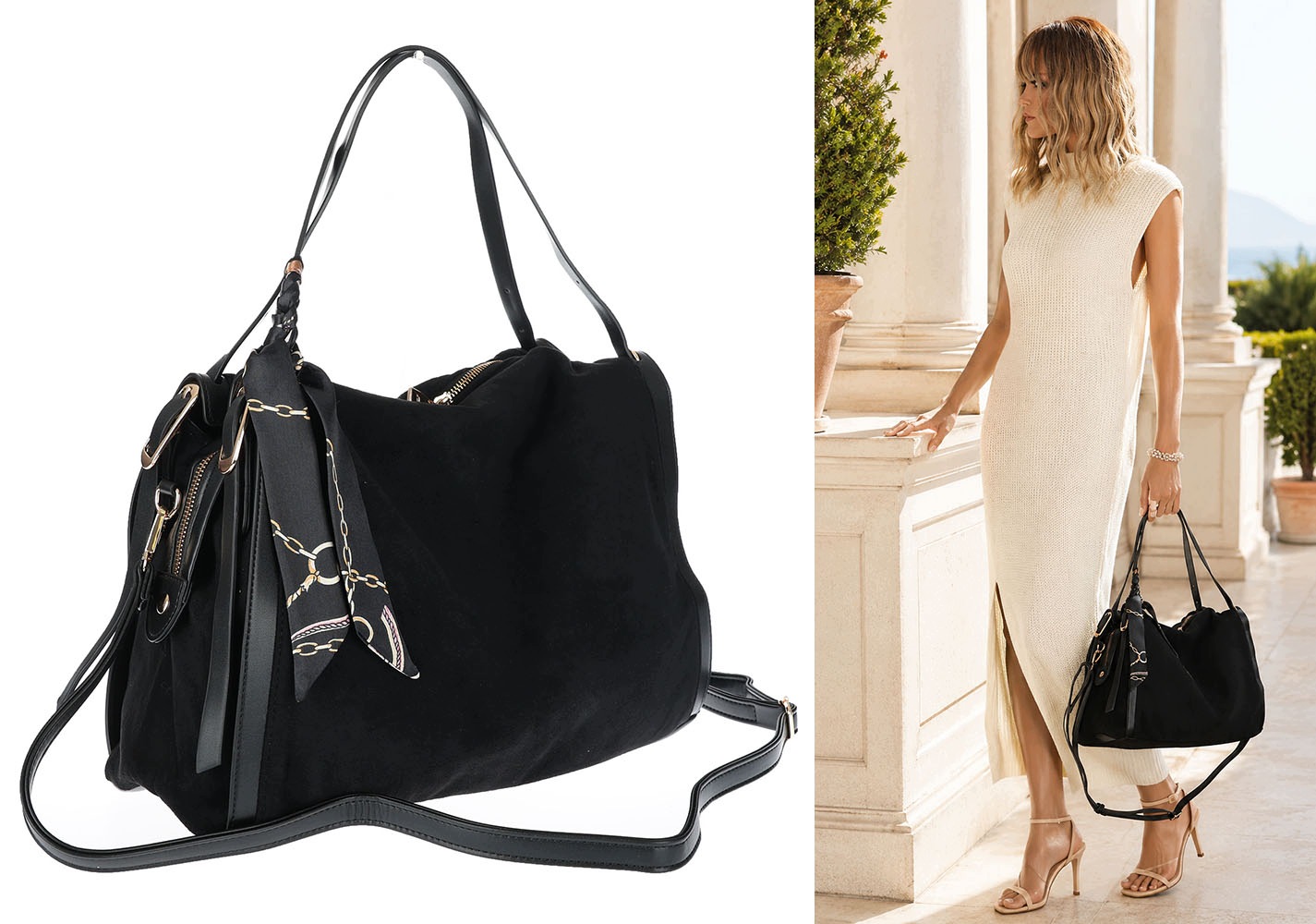 Dámská shopper kabelka semišová prostorná A4 módní taška přes rameno 403E Černá