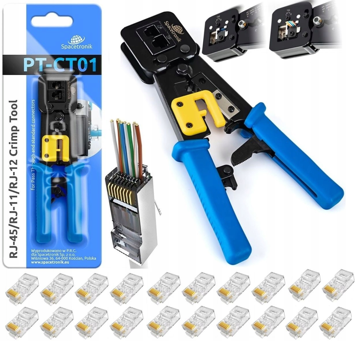 Zaciskarka RJ45 Przelotowa + 20x Złącza Wtyki RJ-45 Przelotowe kat. 5e Pass