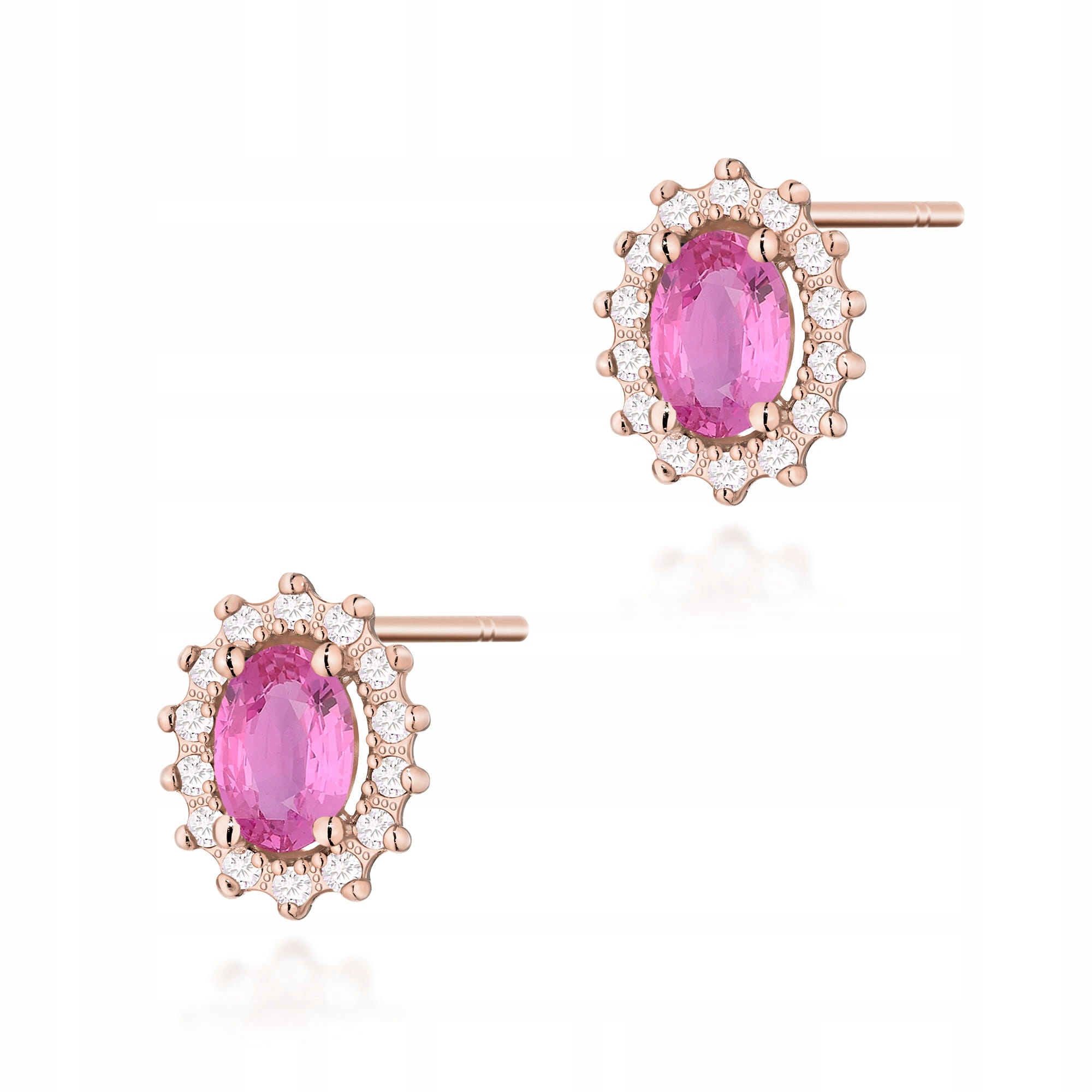 Náušnice z růžového zlata 585 markýzy s růžovým safírem, tyčinka s diamanty 2 g