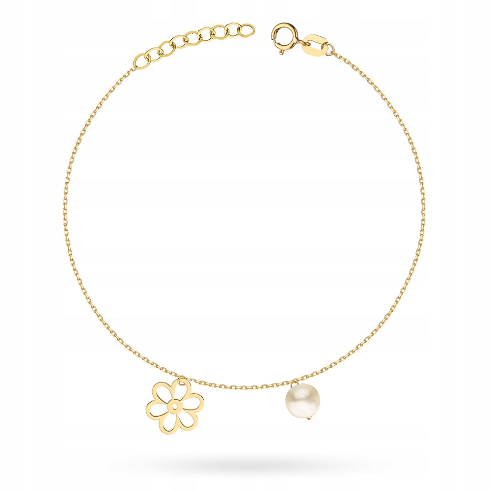Krásný Zlatý Náramek Dámský pr. 585 14k Perla Květinka Krabička