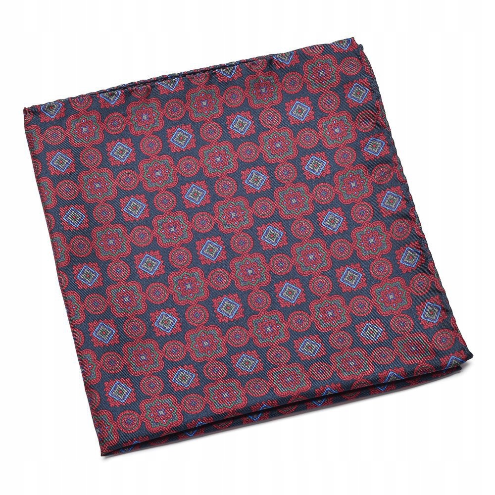 Jedwabna granatowa poszetka w czerwony wzór