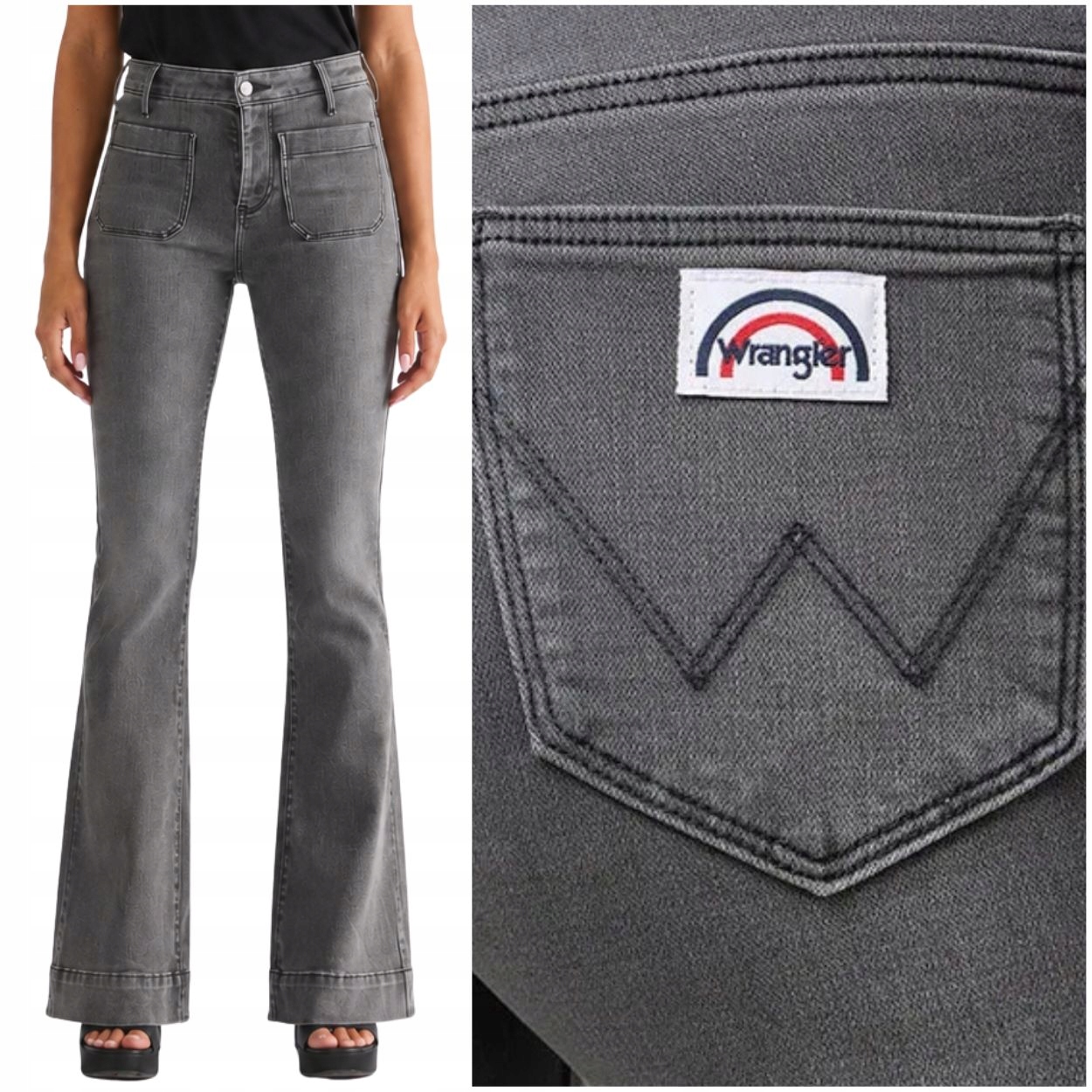 Wrangler Flare Frosted Fronts szare damskie spodnie jeansowe dzwony W32 L30