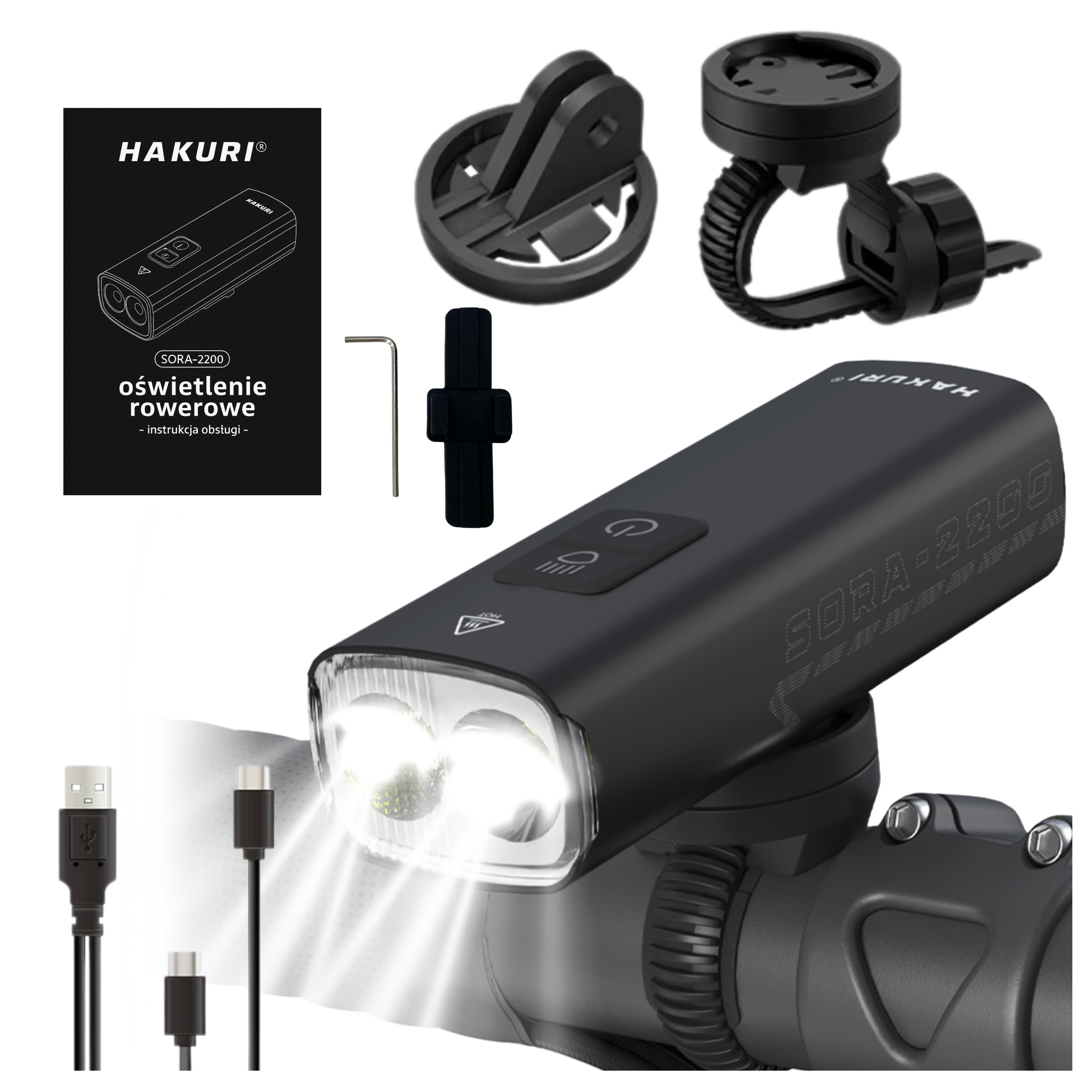 Cyklistická Led lampa Silné světlo 2200 lm Osvětlení 5 režimů Powerbanka 2v1