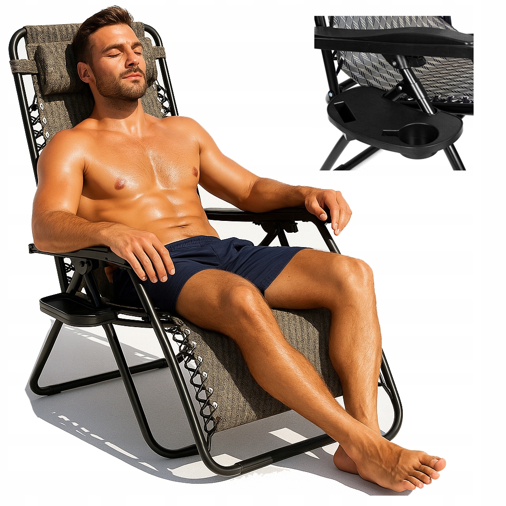 Leżak Ogrodowy Składany Plażowy Krzesło Kempingowe Uchwyt Na Napoje