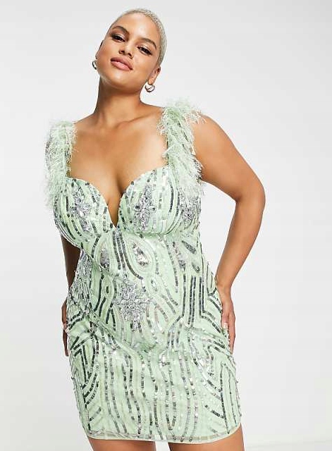 Zdobená Flitrová Koktejlová Šaty S Třásněmi A Peřím Design Luxe 50 5XL
