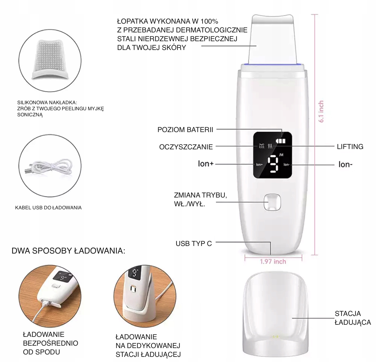 PEELING KAWITACYJNY BEZPRZEWODOWY USB 6W1 GRATIS!! Zasilanie akumulatorowe