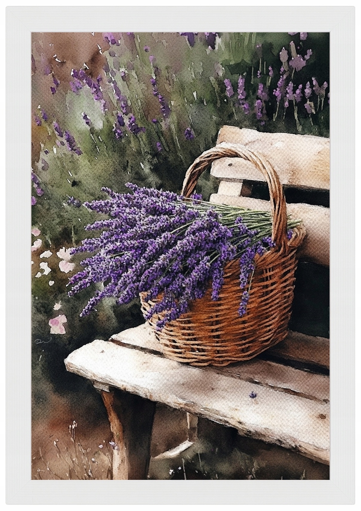Plakát Rámeček Dřevo Zahrada Lavička Léto Koš Květiny Levandule Kytice 40x60
