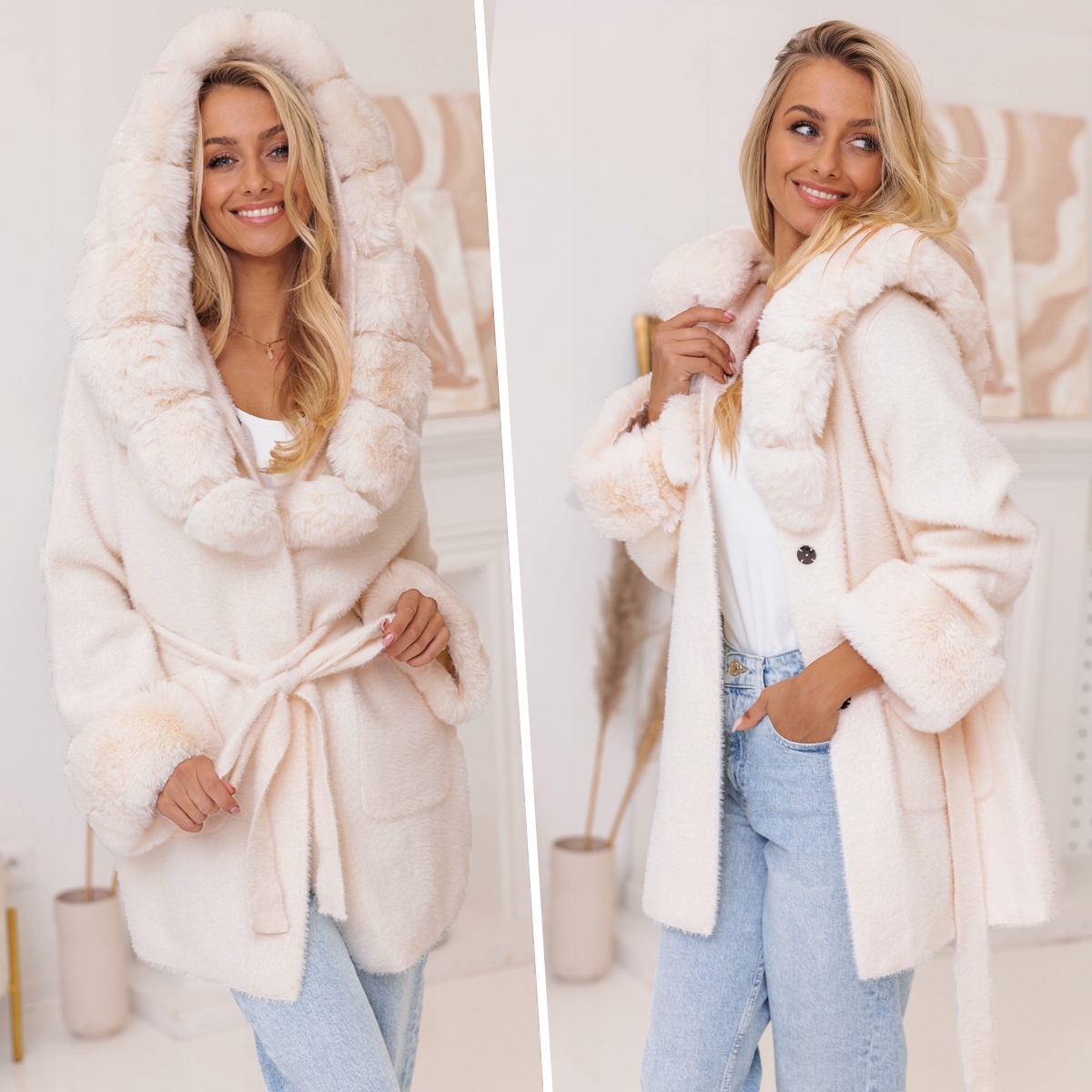 MIĘCIUTKA ALPAKA Z FUTERKIEM KURTKA Z PASKIEM Kaptur z kapturem