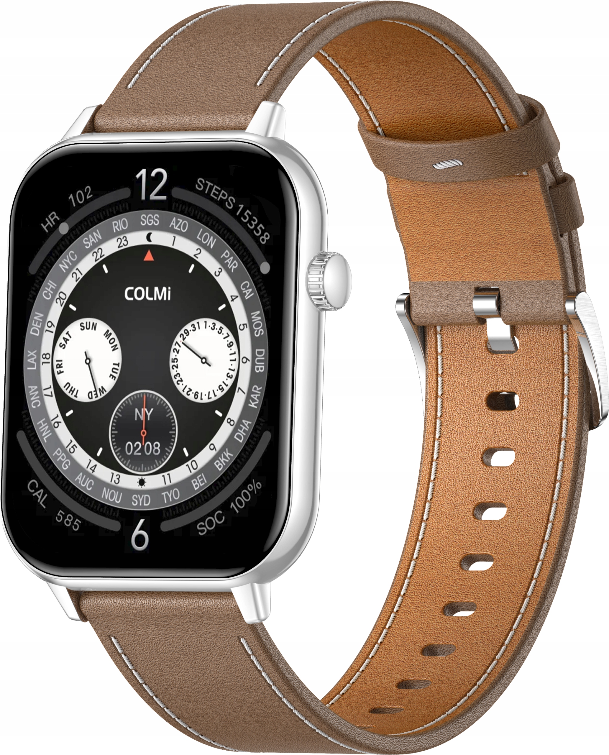 Smartwatch Colmi C28 Srebrny brązowy skórzany pasek COLMi