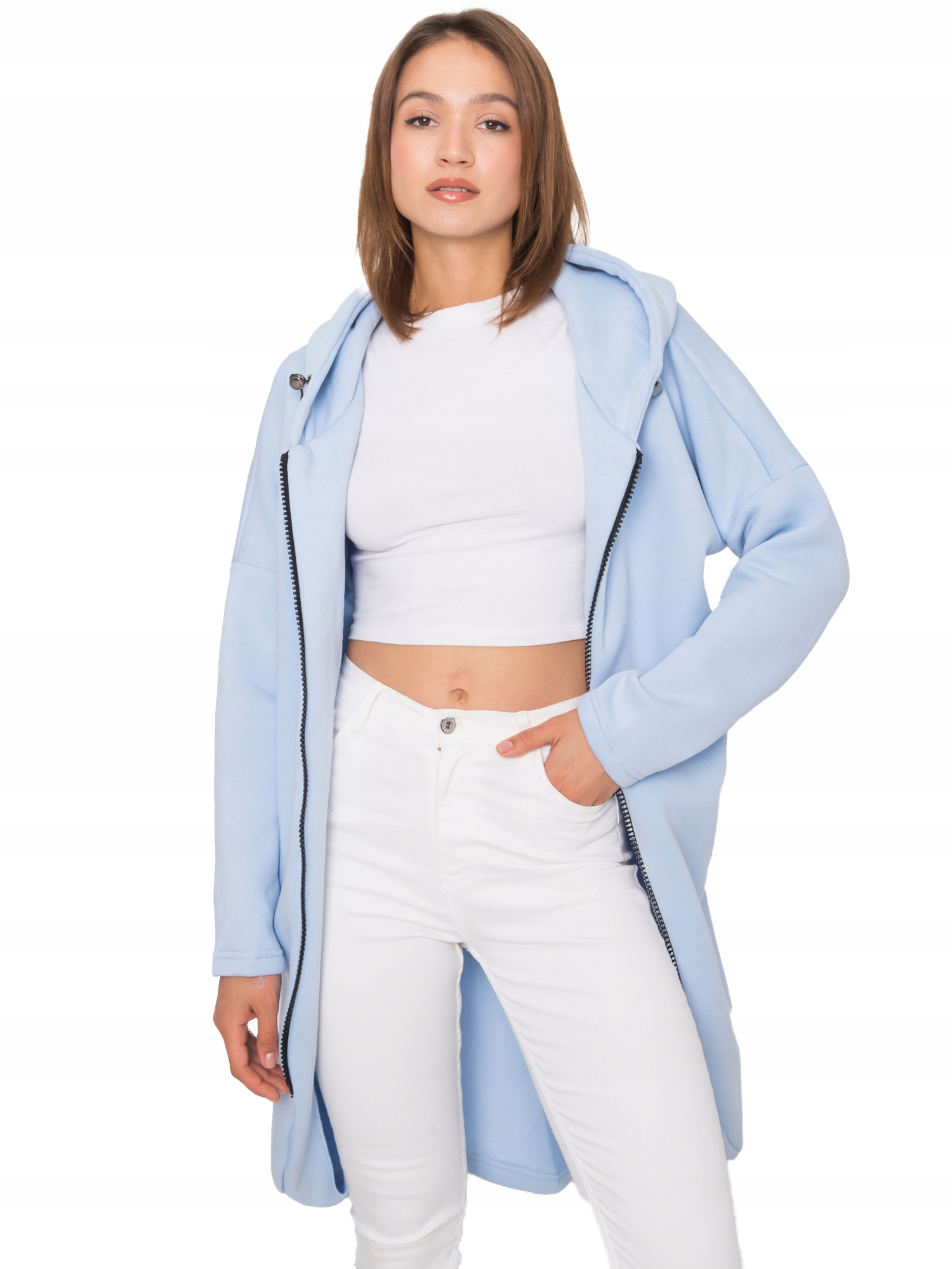 Bluza Damska rozpinana długa z kapturem ciepła asymetryczna