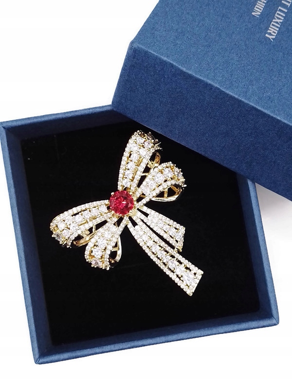 Luxusní Brož Mašle Ažurová Zlatá 14K Gp Drahokam Krabička Jako Dárek