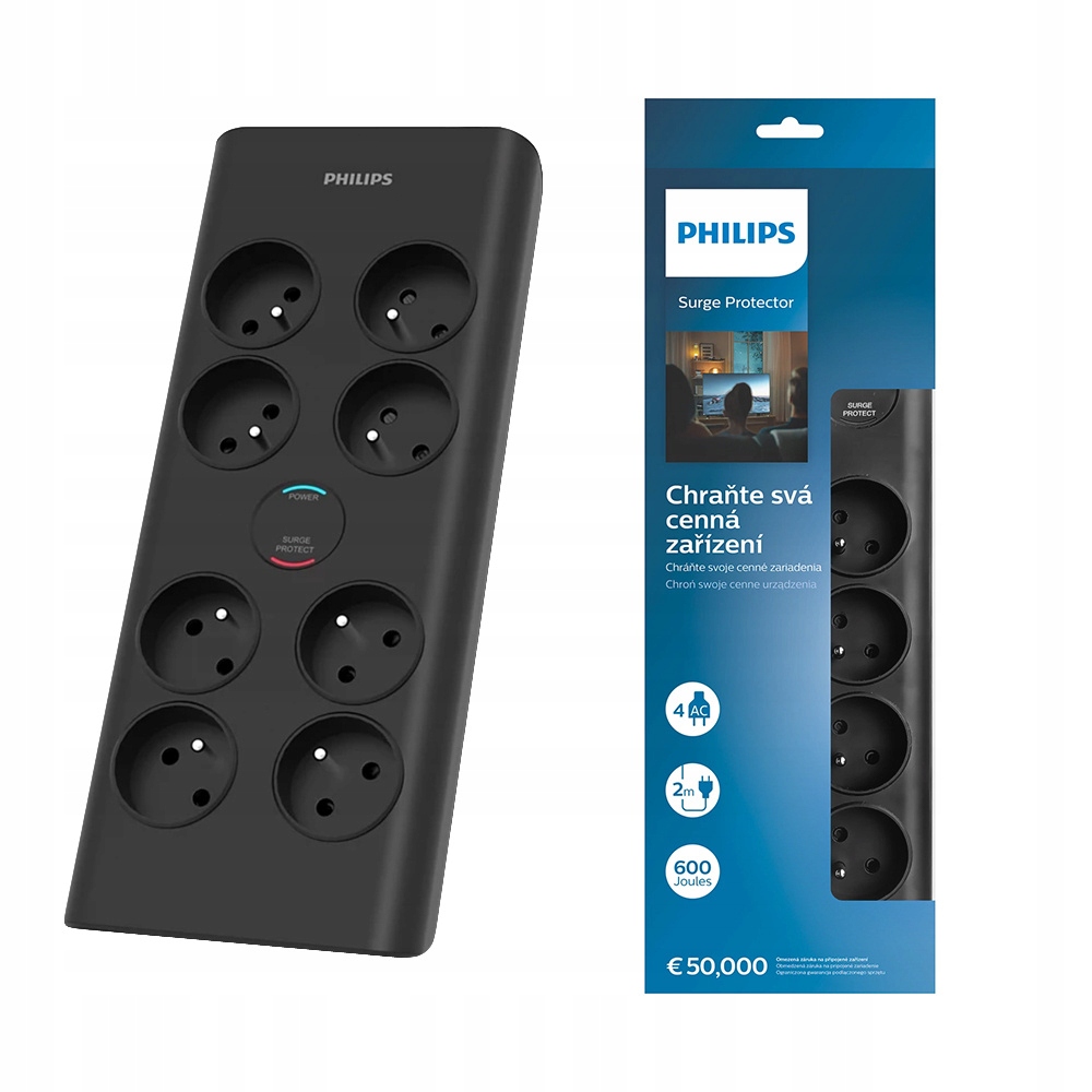 Zásuvková lišta proti přepětí Philips prodlužovačka 8 zásuvek 16A 2 m
