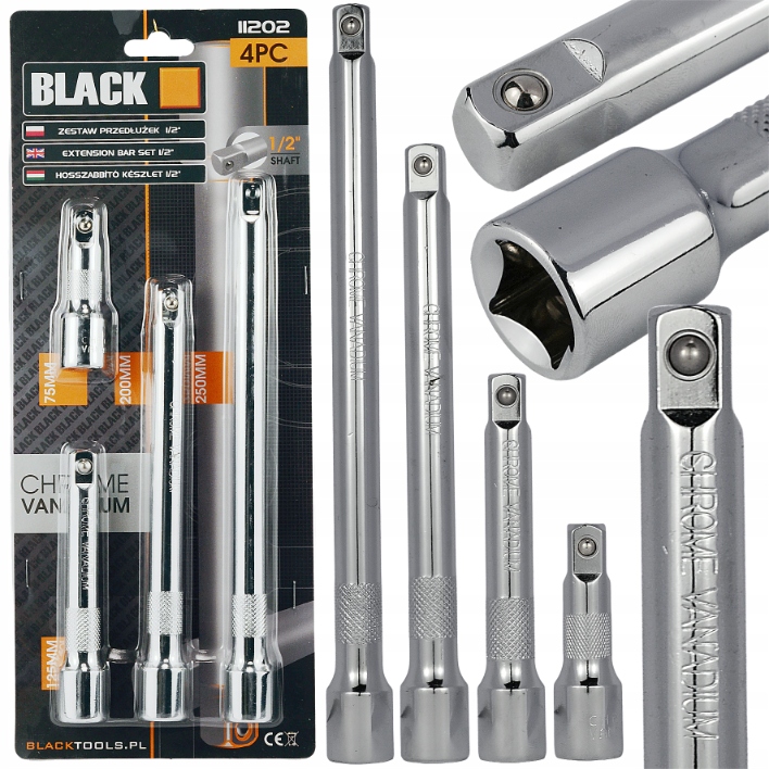 Zestaw Komplet Przedłużek 1/2" 4PC 250 200 125 75 MM Crv Black