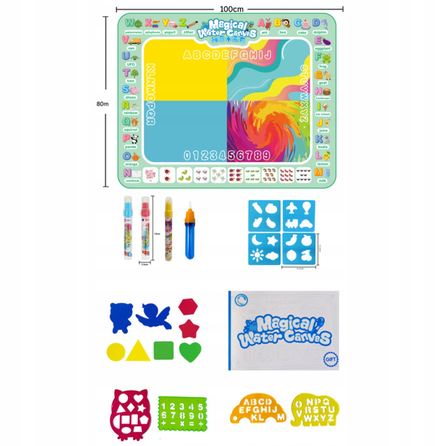 MATA WODNA DO RYSOWANIA MALOWANIA WODĄ 100x80cm XXL + PISAKI SZABLONY WZORY Materiał plastik