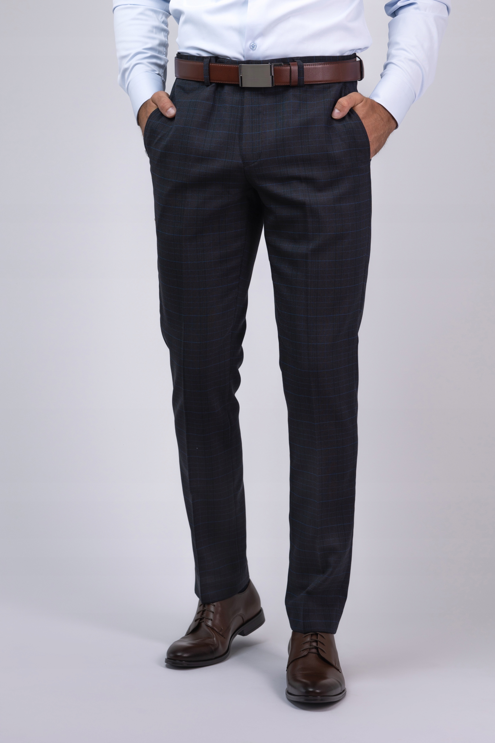 Šedé kostkované oblekové kalhoty se zelenou nití Slim W40 L34