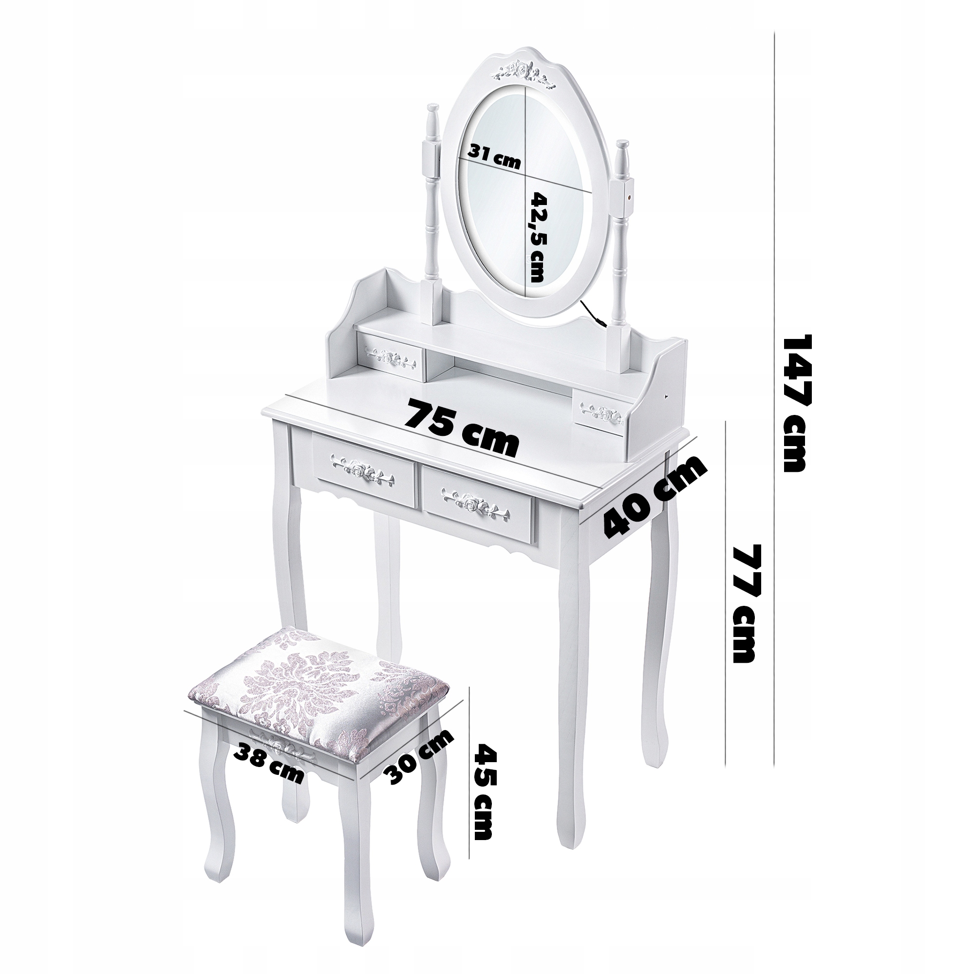 TOALETKA KOSMETYCZNA Z LUSTREM TABORETEM BIAŁA Marka Kadax