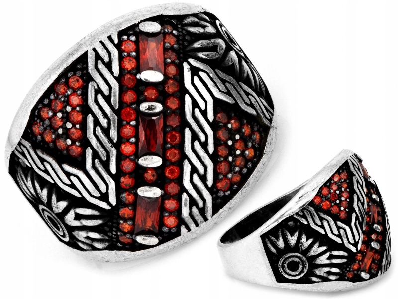 Velký stříbrný prsten 925, oxidovaný, r23, červené zirkony, 8.27 g dárek