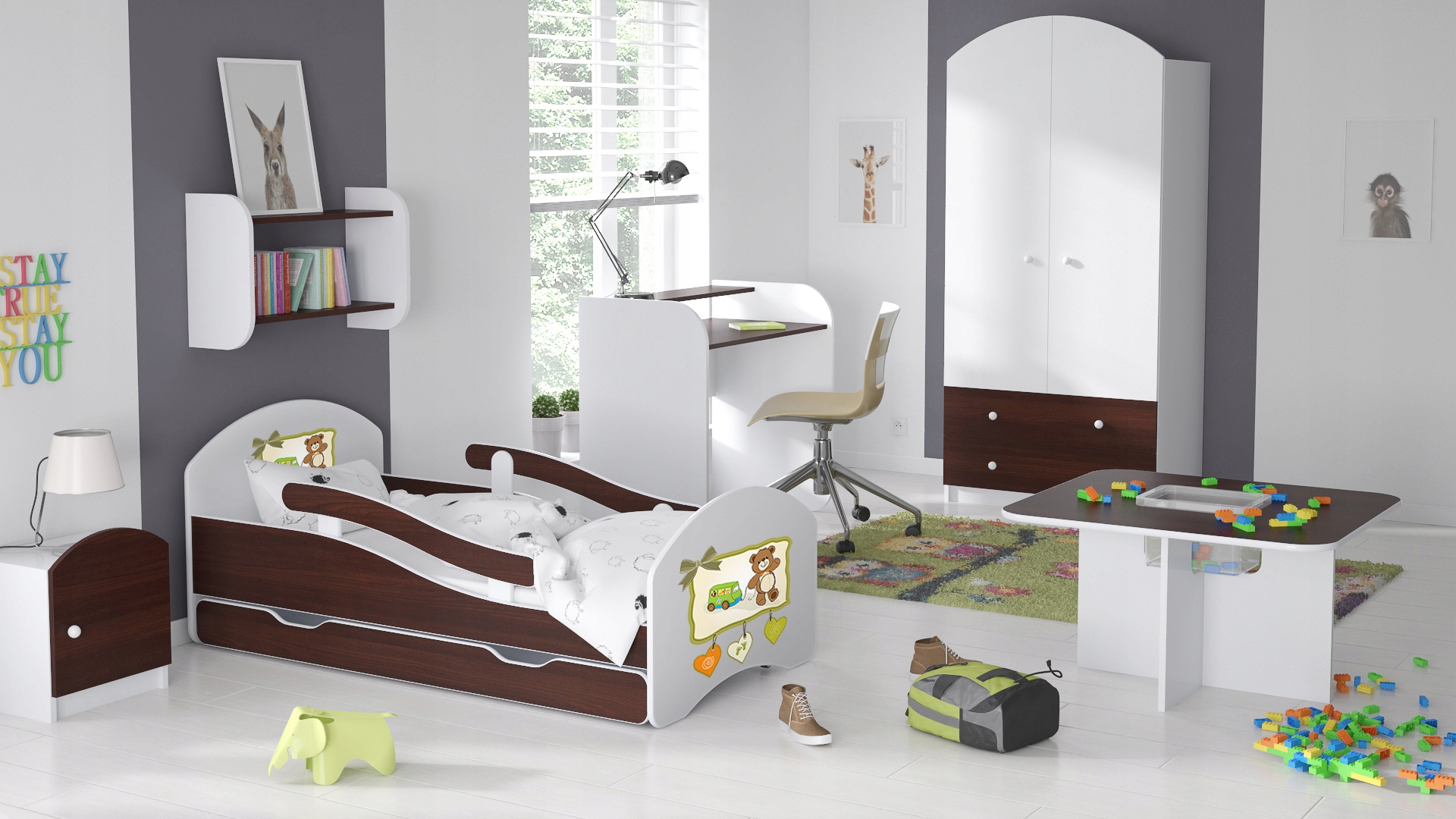 Łóżko dziecięce LEO 180x80 biało-wenge Kolor dąb wenge