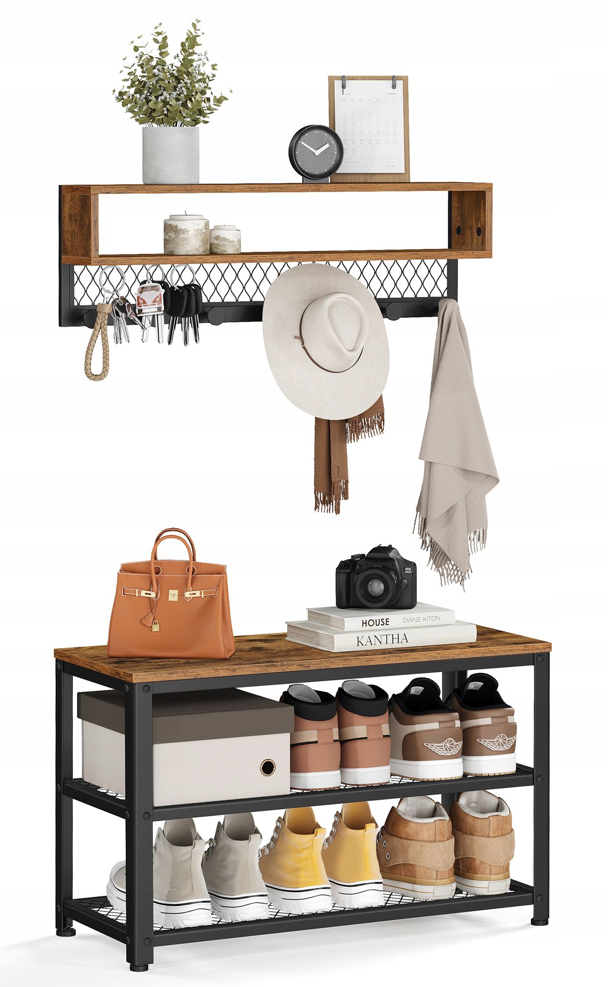 Industriálny komplet, skrinka na topánky a vešiak s dvojvrstvovou poličkou loft