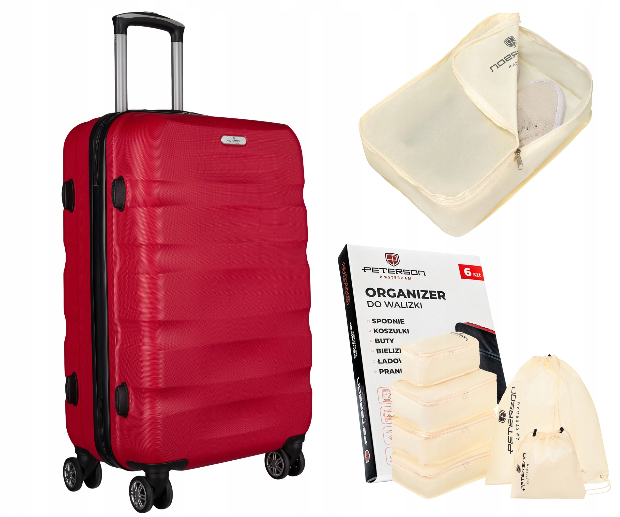 Kabinový kufr na kolečkách tvrdý, silný, červený Peterson cestovní Abs