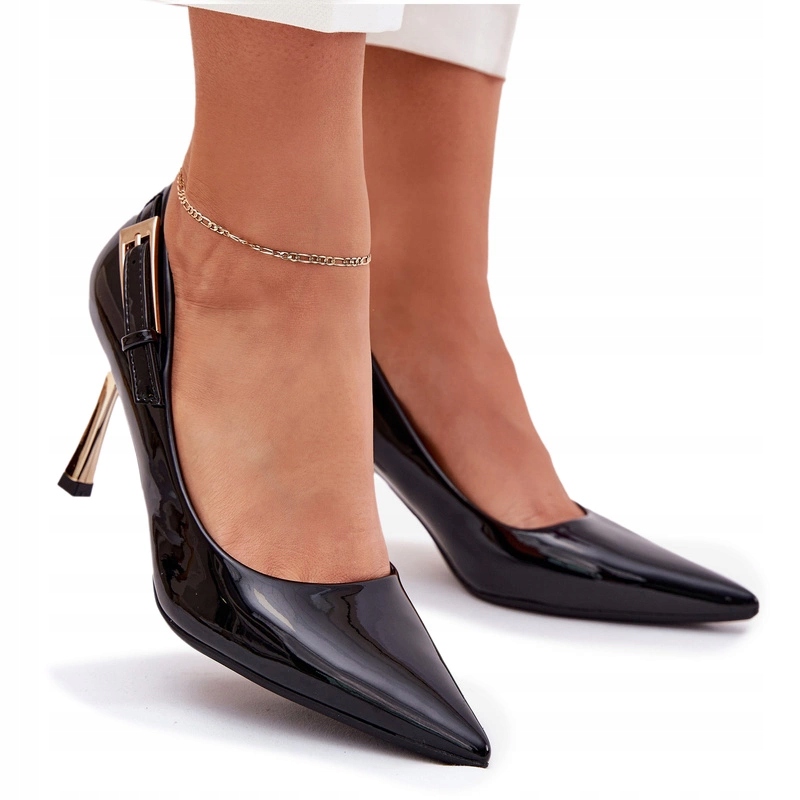 Dámské Lodičky Z Eko Kůže Lakované Zlatou Sponou Zlatý Podpatek Černé 37
