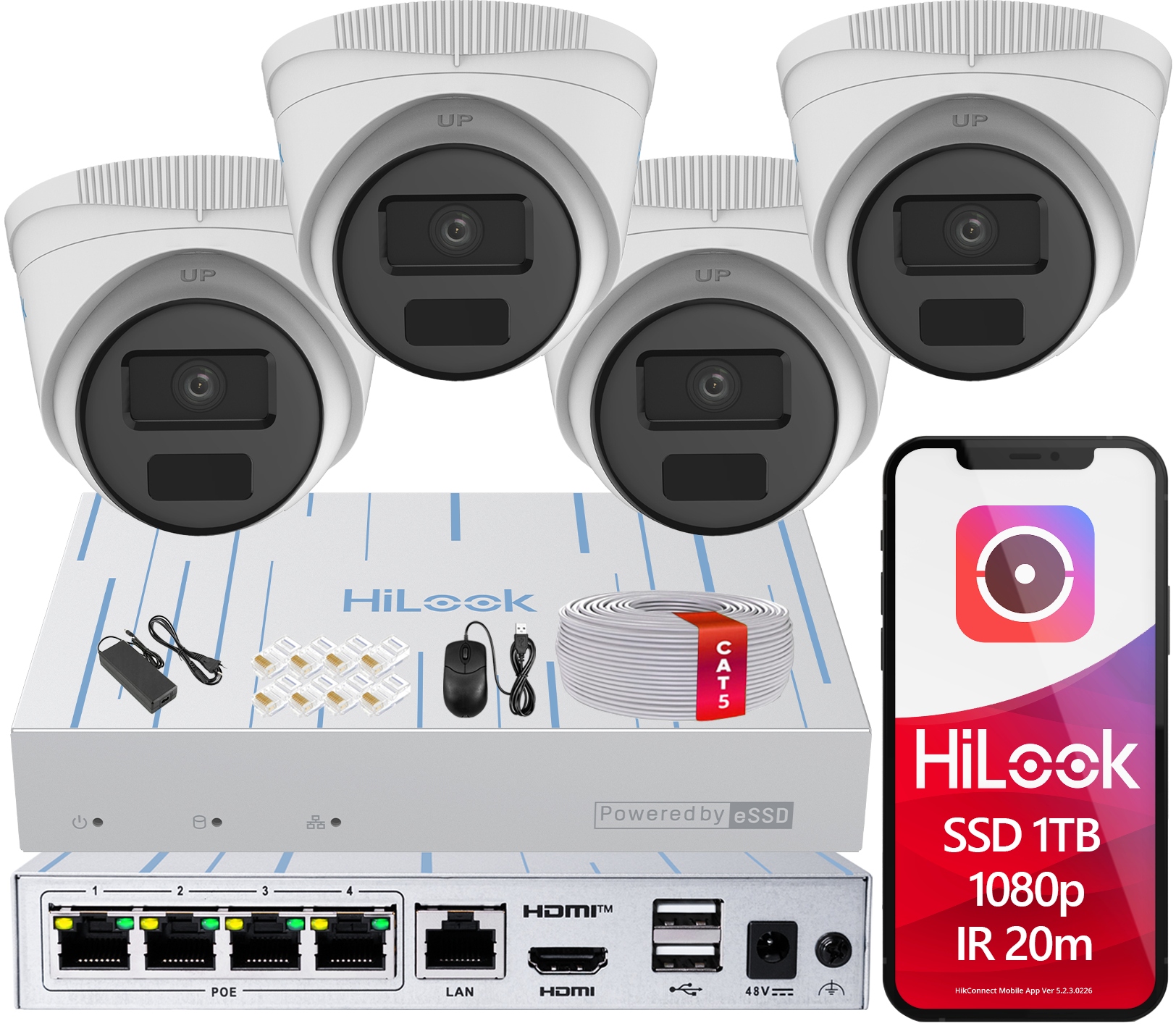 Ip monitorování Komplet 4 Kamery 1080p Ssd rekordér 1TB Detekce Aplikace