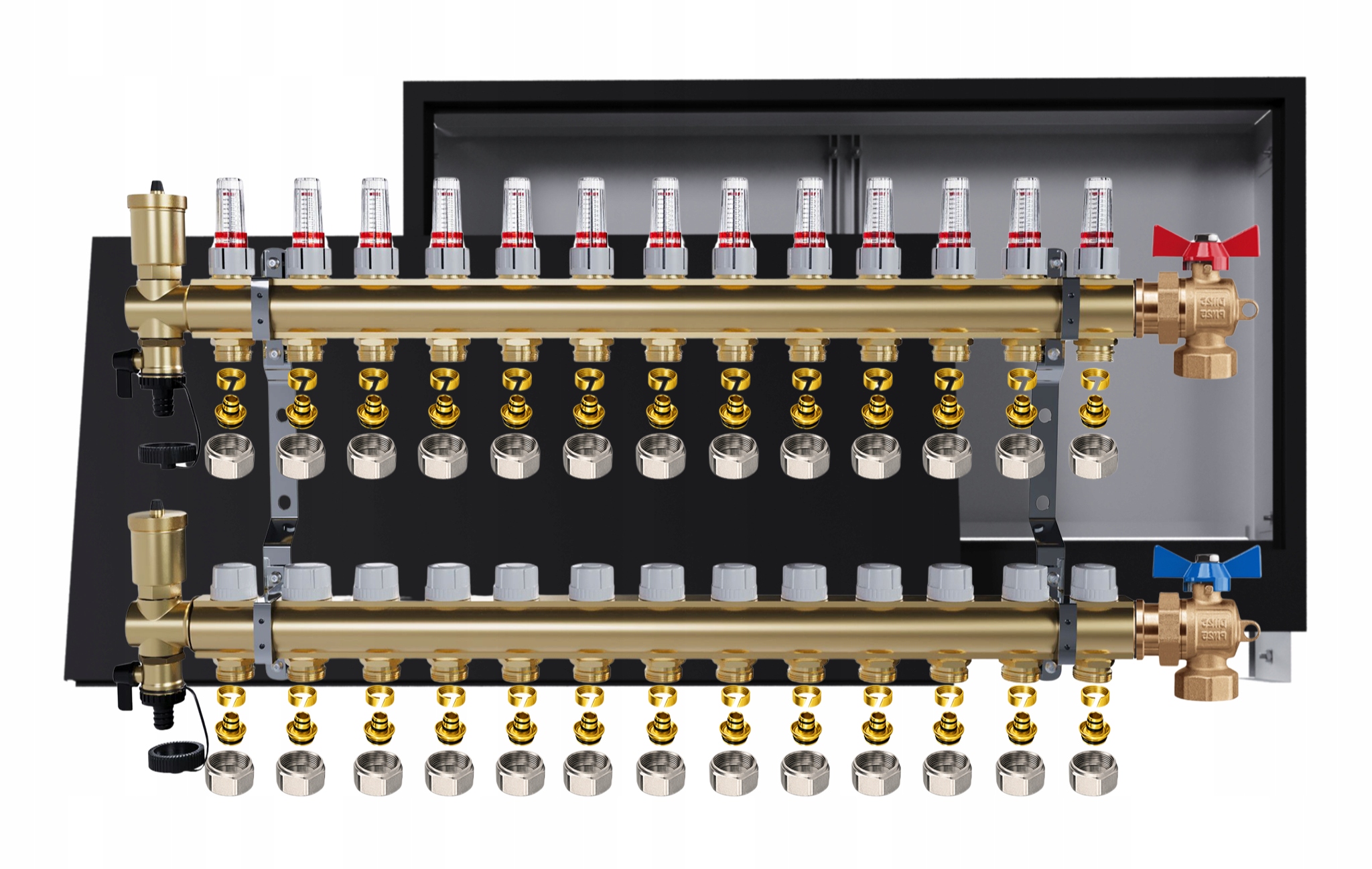Rozdělovač podlahových krytin mosazný 13 obvodů Podomítková skříňka černá Pex
