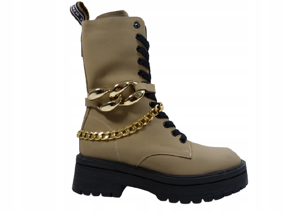 Khaki kotníkové boty s ozdobným řetízkem z kůže Karino 37,5