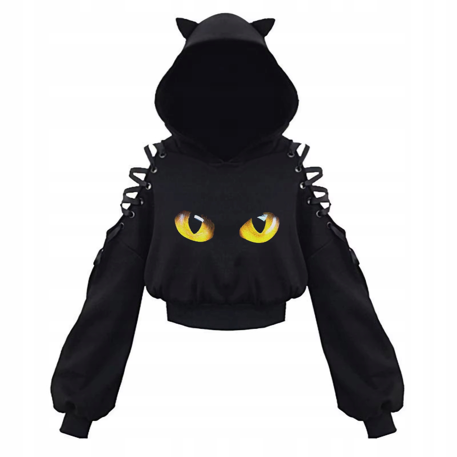 Dámská krátká mikina Kawaii s kočičími oušky gotická, zavazovací rukávy S