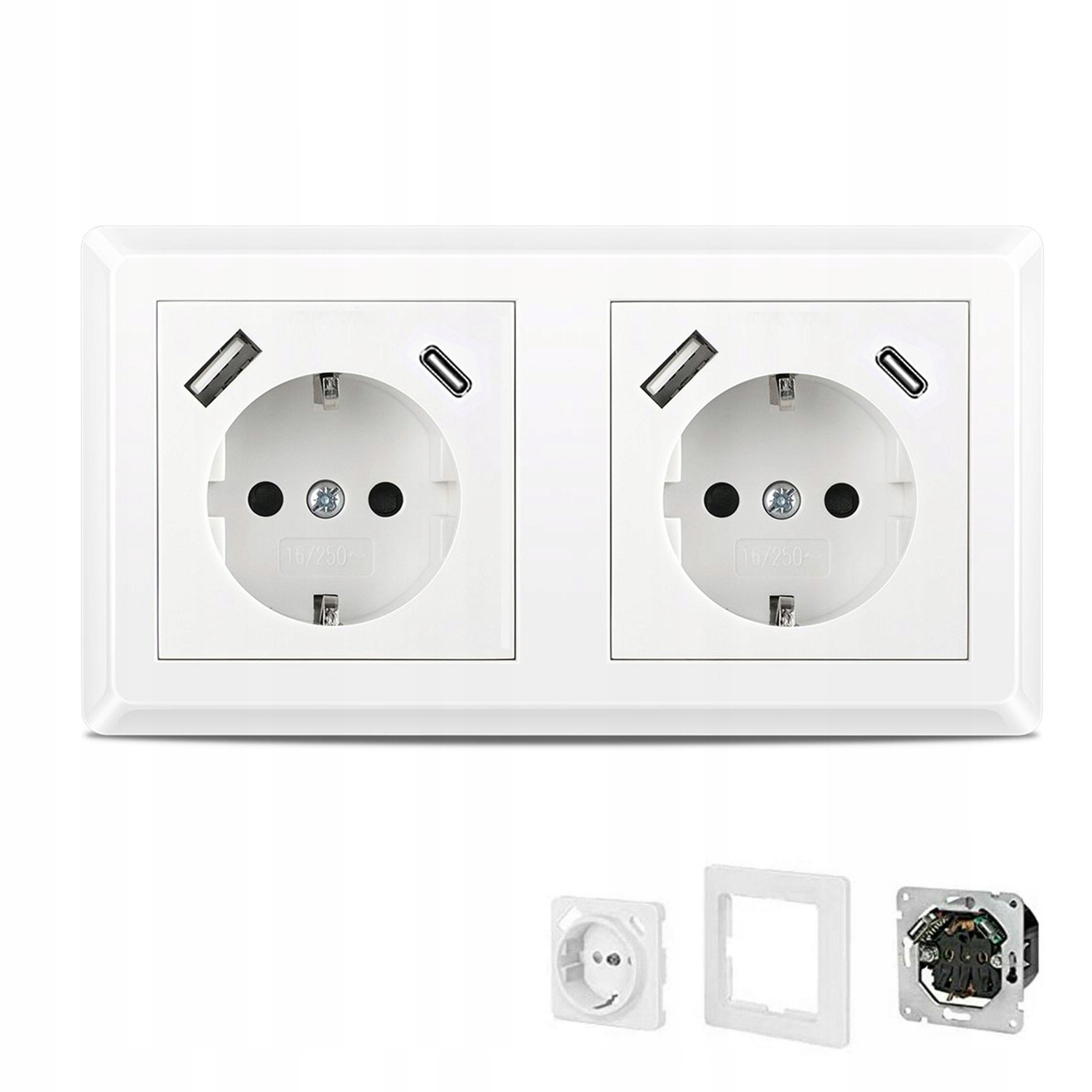 Dvojitá Skleněná Zásuvka Bílá S Kolíkem A Nabíječkou Usb Typ A+c 2.1A