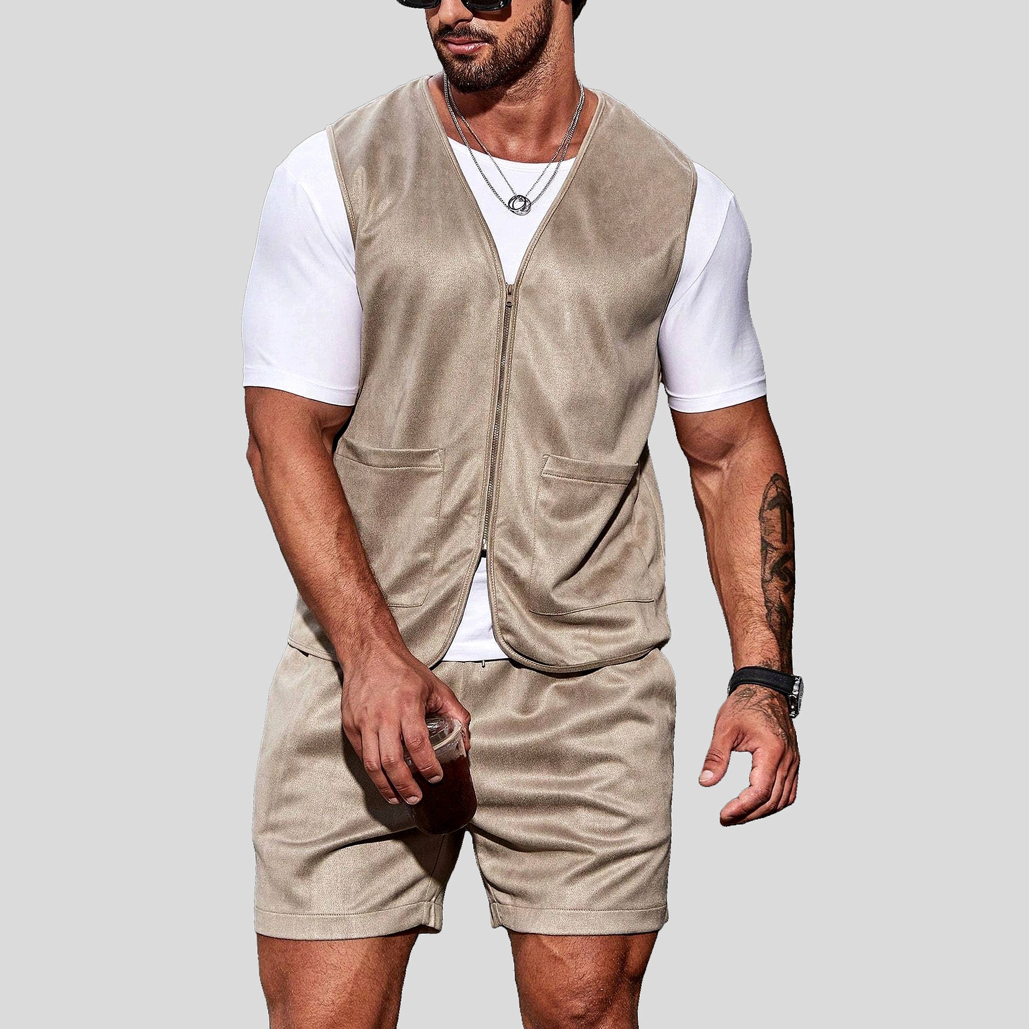 Pánský Komplet Semišová vesta Kraťasy Khaki Casual Shein S