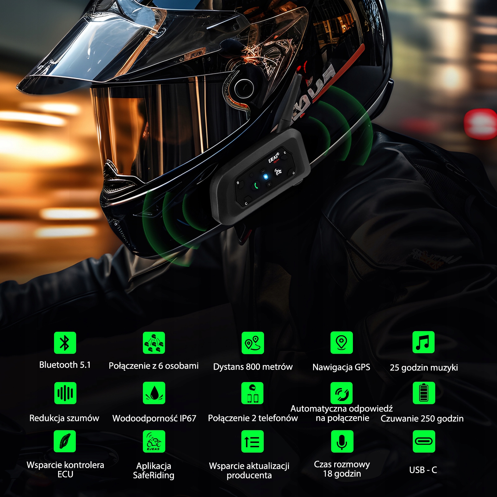 INTERKOM INTERCOM MOTOCYKLOWY EJEAS V6 PRO+ NOWA WERSJA 2024 1200M Typ połączenia Bluetooth