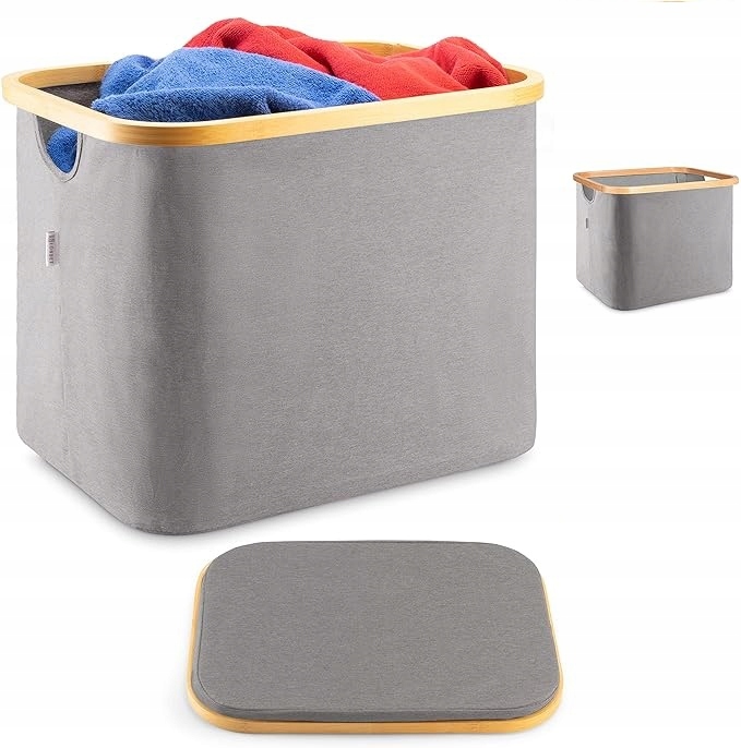 Koš Na Prádlo Hračky Bambus Skládací Šedý Koupelnový Organizér s víkem