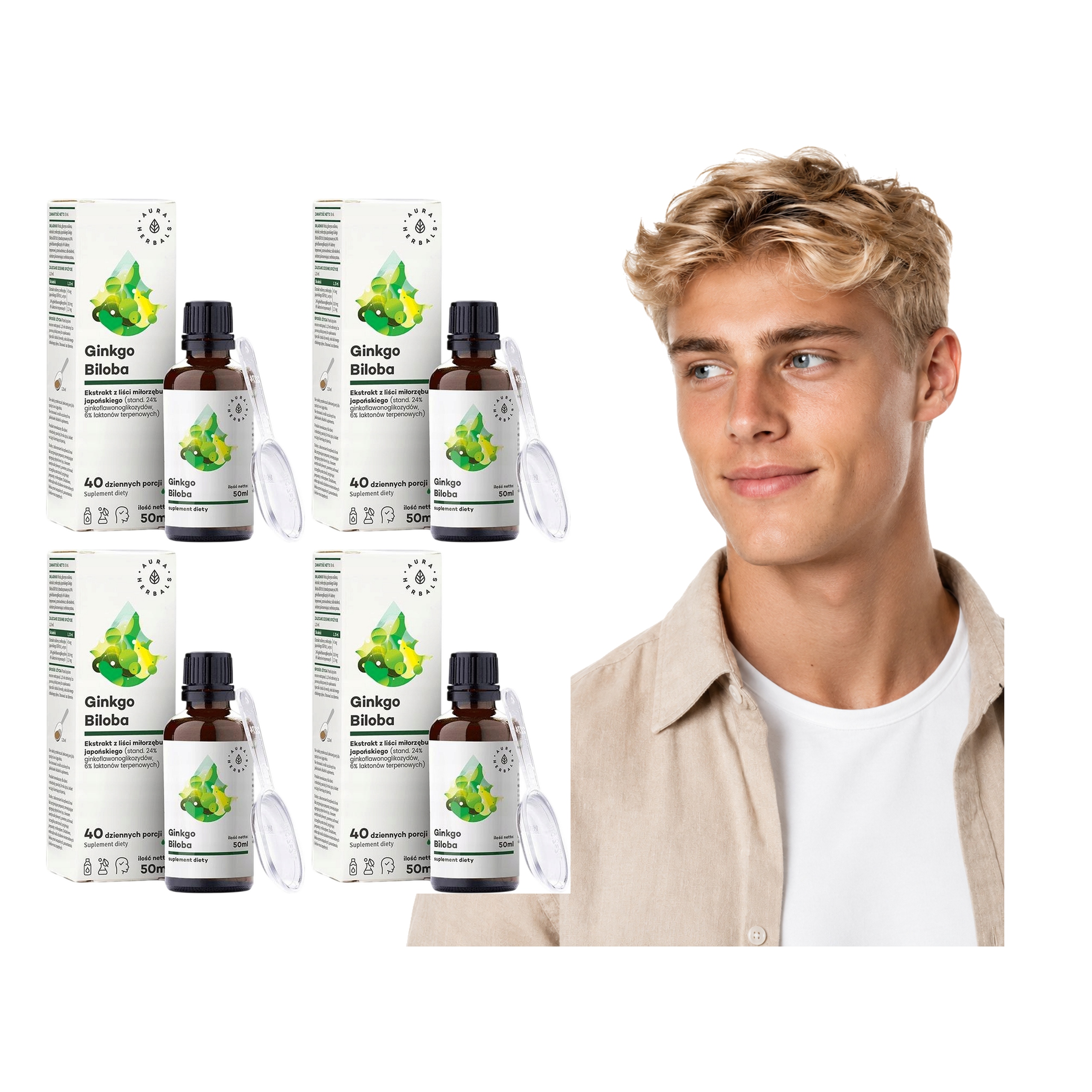 4x Ginkgo 50:1 Aura Herbals Miłorząb Japoński Ekstrakt 45 mg 50 ml Supl.