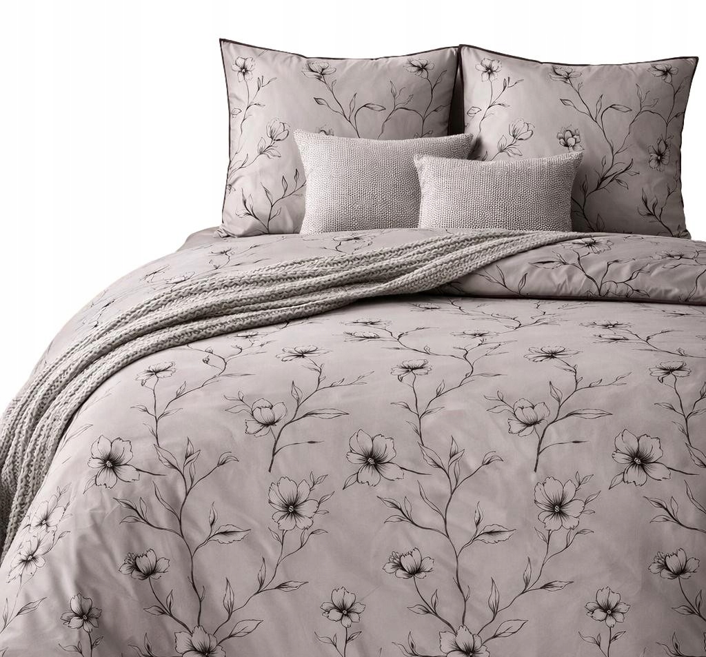 Pościel w Czarne Kwiaty beżowa minimalistyczna 160x200 Perkal na Lato