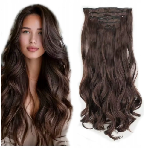 Włosy Clip In Na Taśmach Brąz 46 CM Falowane 1484
