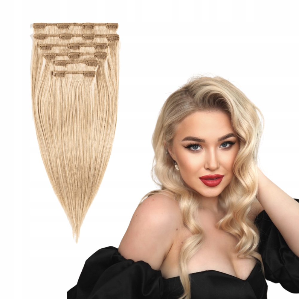 Doczepiane Włosy naturalne 120 g gęste Clip In 43 cm #18 szampański blond