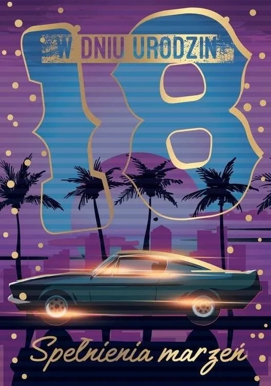 

Kartka urodzinowa na 18 urodziny samochód palmy