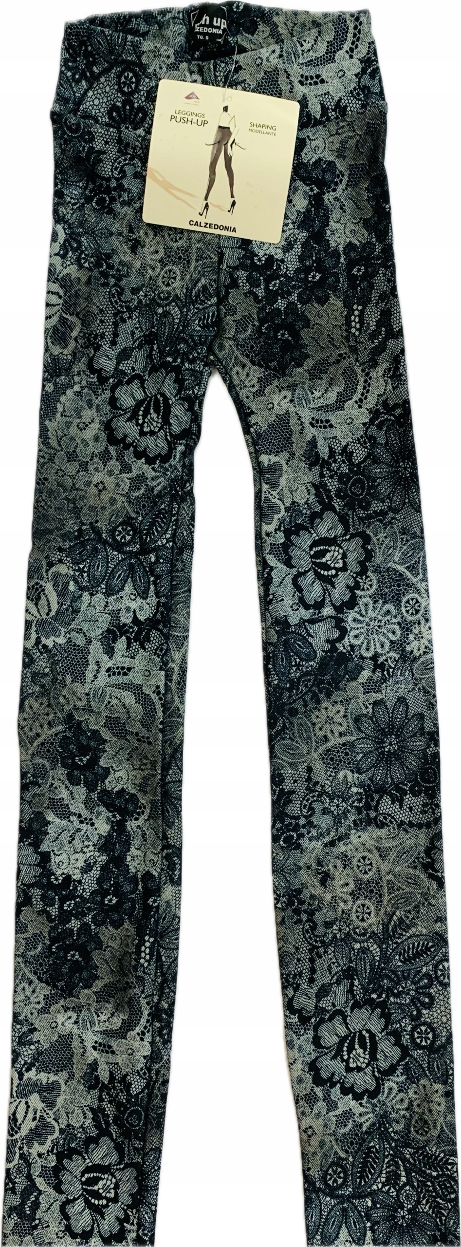 Legginsy CALZEDONIA PUSH-UP GRAFIT granat szary KWIATY nadruk koronki S/36