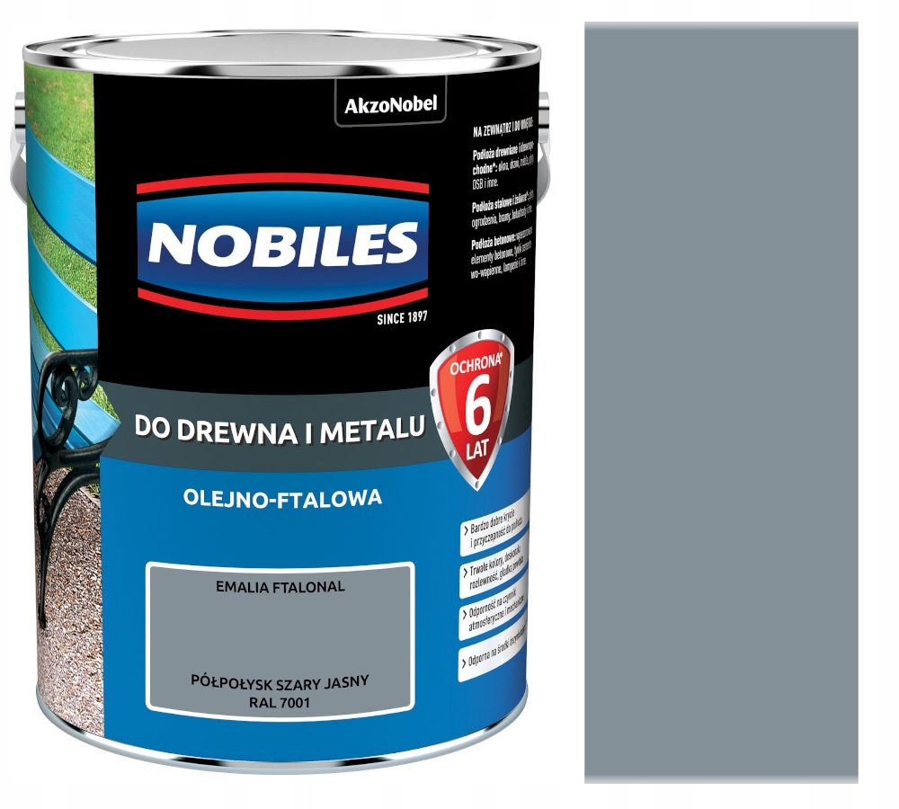Nobiles Ftalonal Farba Do Drewna I Metalu 5L Półpołysk Szary Jasny