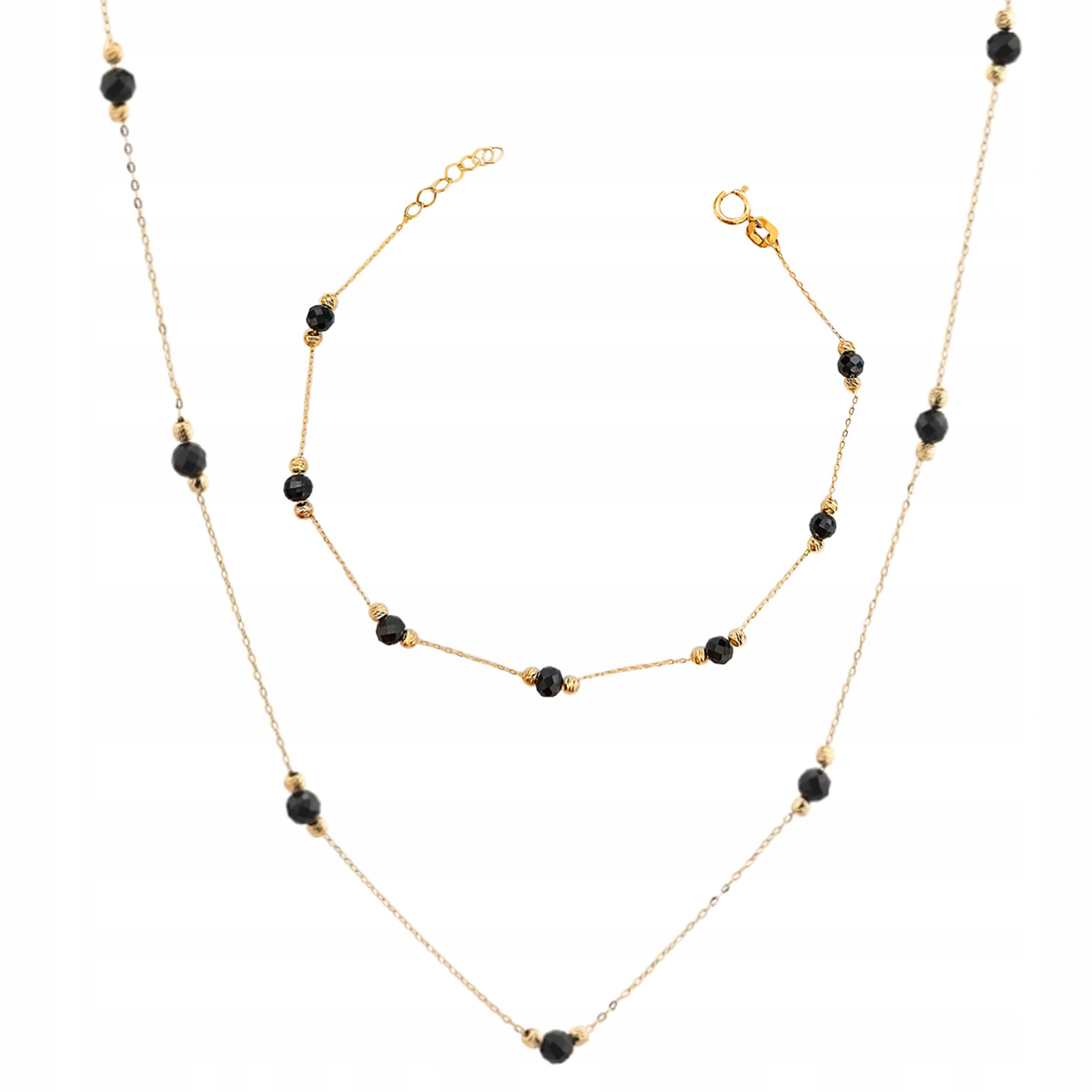 Zlatý komplet šperků 585 s černými kuličkami, diamantové kuličky 14kt