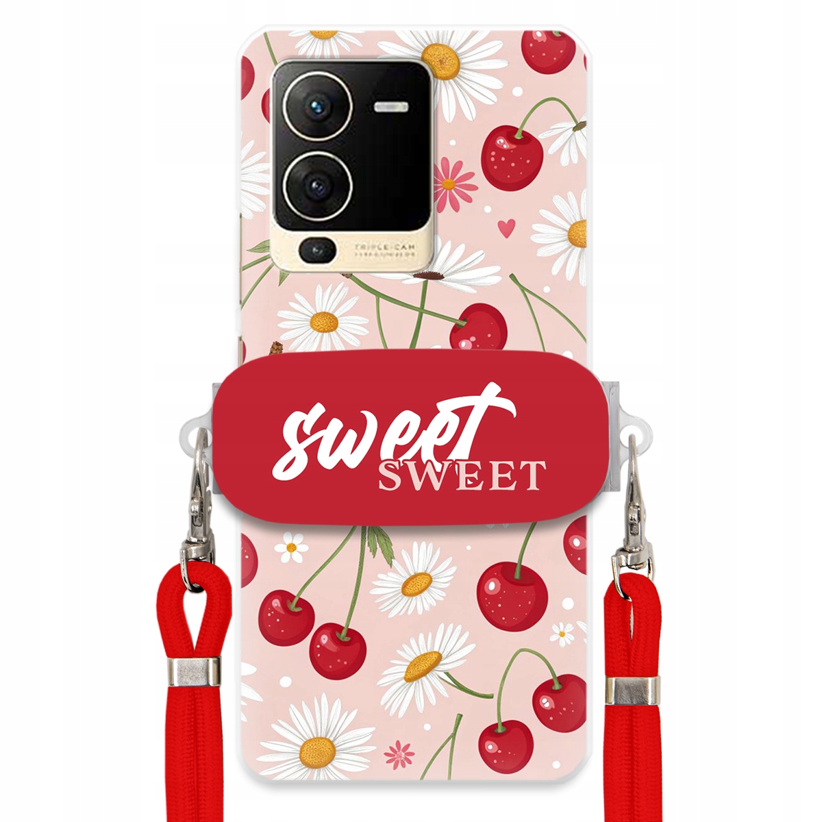pouzdro na Vivo S15 5G Červené vodítko Držák Sweet Sweet Višeň a sedmikráska