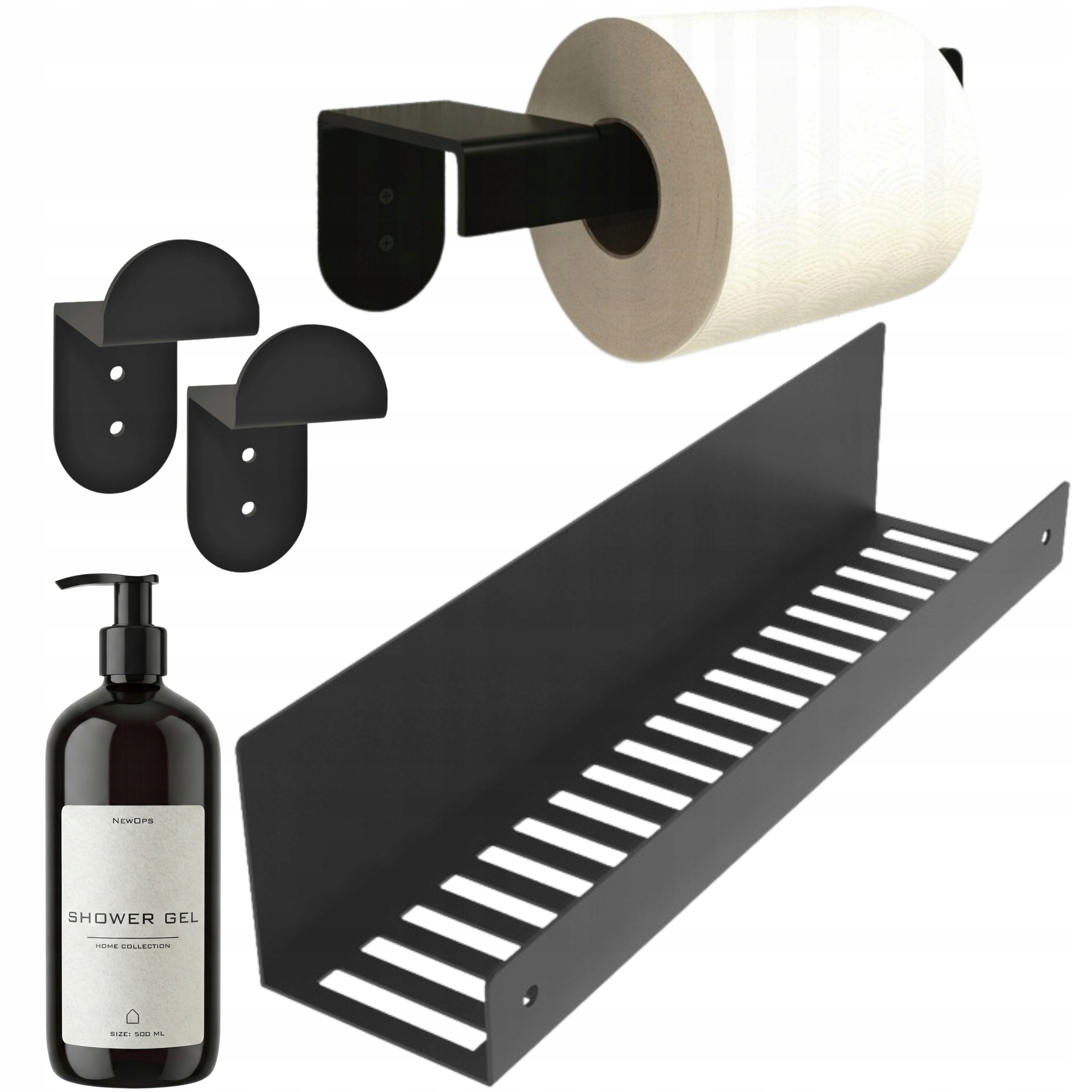 Sada Kúpeľňového Setu Čierna Kovová Sprchová Polica Háčiky Držiak