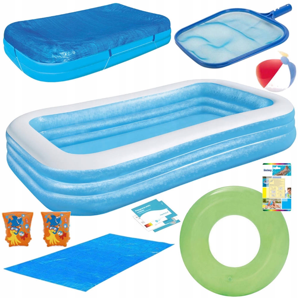 9w1 Duży Basen 305x183x56 cm Bestway Mata Pokrywa Siatka Koło Piłka Rękawki