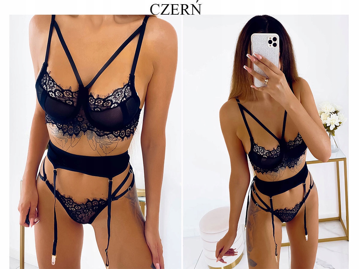 BIELIZNA ZESTAW SEKSOWNY MODNY KORONKA PAS KOLORY Marka Inna marka