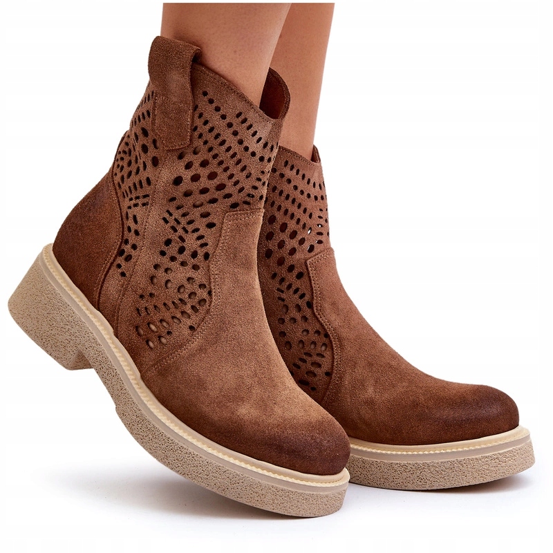 Zazoo 3470 Dámské Kotníkové Boty Na Plochém Podpatku Ažurové, Hnědé 37